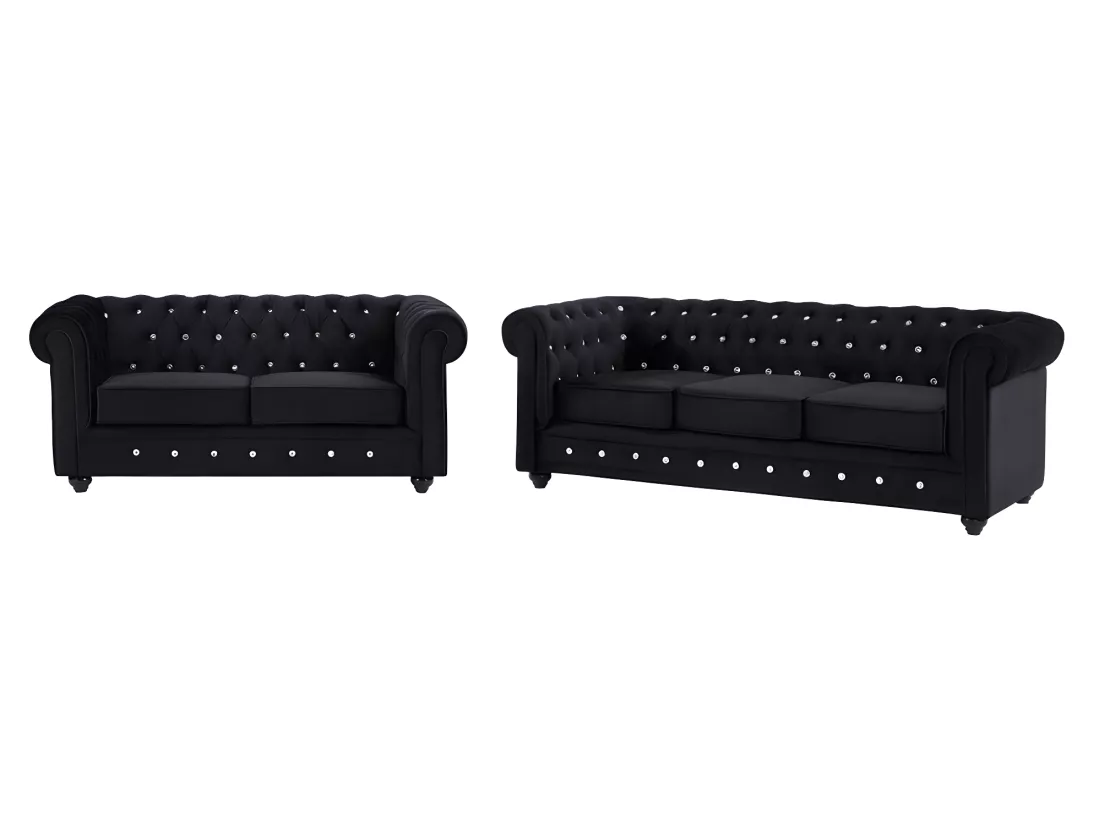 Canapés 3 places et 2 places en velours noir et boutons effet cristal CHESTERFIELD