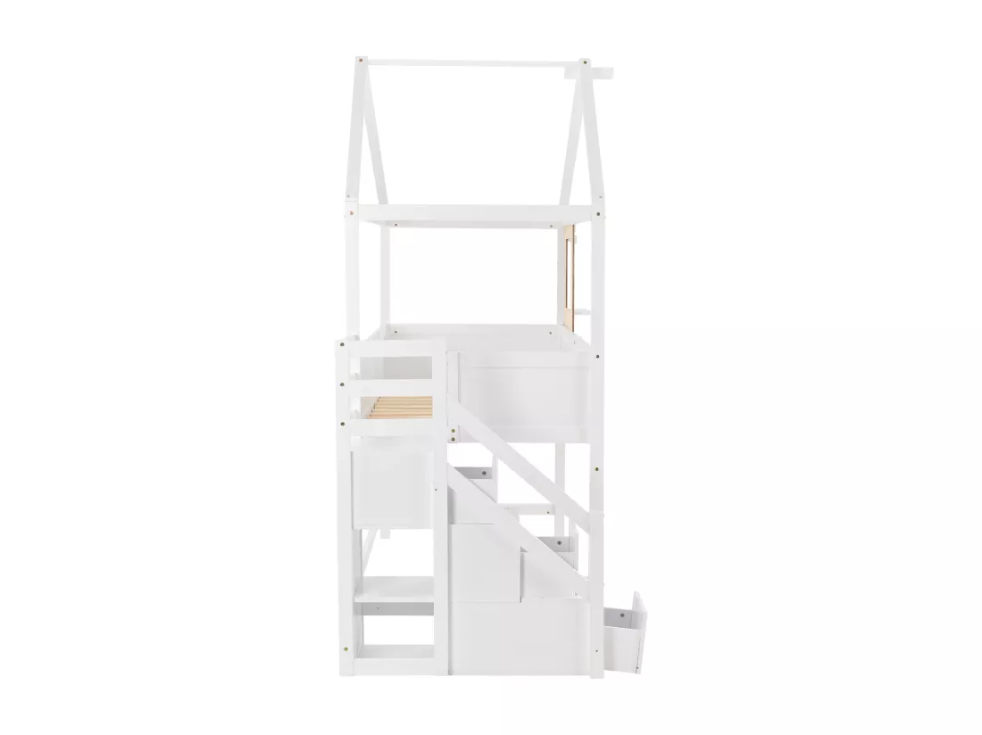 Lit cabane enfant,90x200cm,avec escalier,avec tiroirs et barrière de protection,fille,garçon,cadre en bois massif,blanc