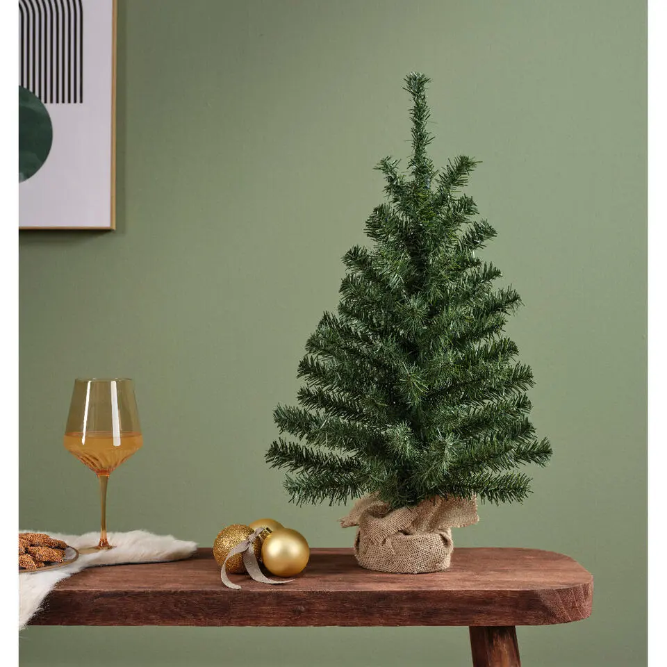 Bellatio Decorations Kunst kerstboom - groen - H90 cm - jute zak