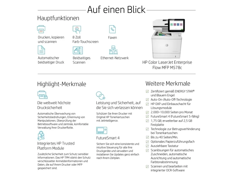 HP LaserJet Enterprise Flow MFP M578c - Multifunktionsprinter - farve - laser - Legal (216 x 356 mm) (original) - A4/Legal (medie) - op til 38 spm (kopiering) - op til 38 spm (udskriver) - 650 ark - 33.6 Kbps - USB 2.0, Gigabit LAN, USB 2.0 vært