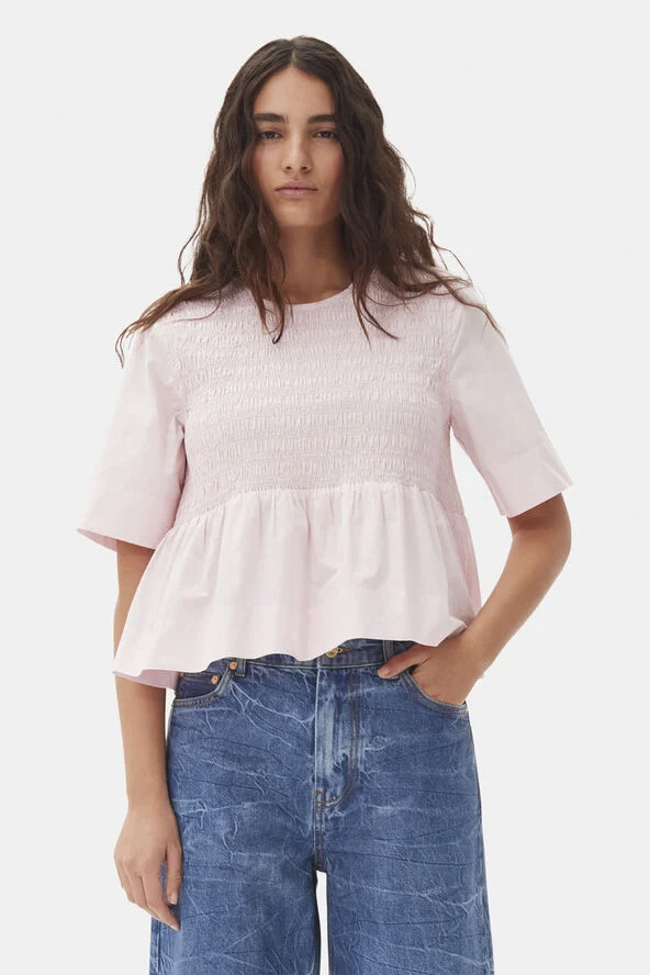 Ganni Cotton Poplin Open Back Smock Blous Chalk pink