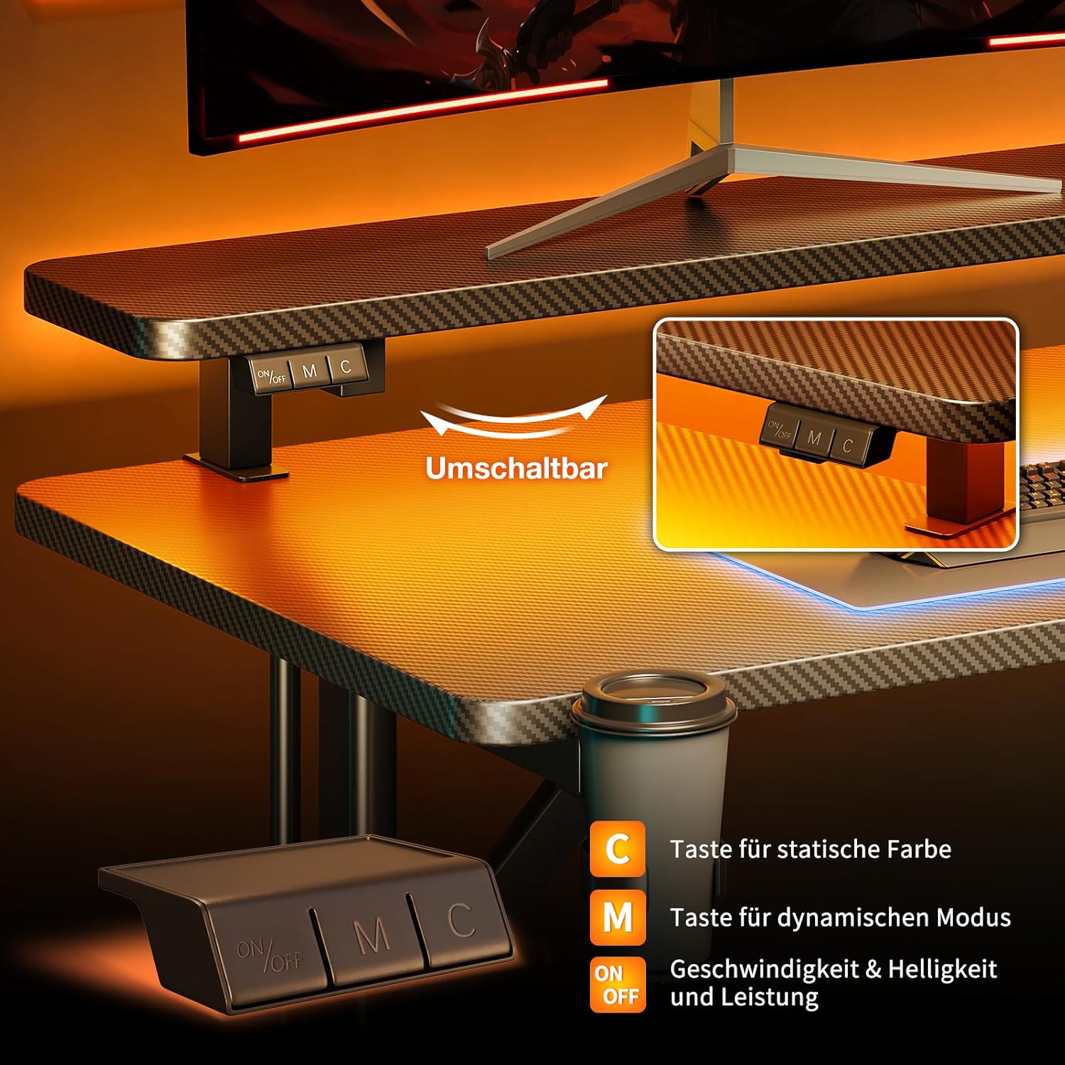ODK Gaming Tisch, Kleiner Gaming Schreibtisch mit LED Beleuchtung, 80cm Computertisch mit Monitorablage, Carbon Fiber Schwarz PC Gamer Tisch