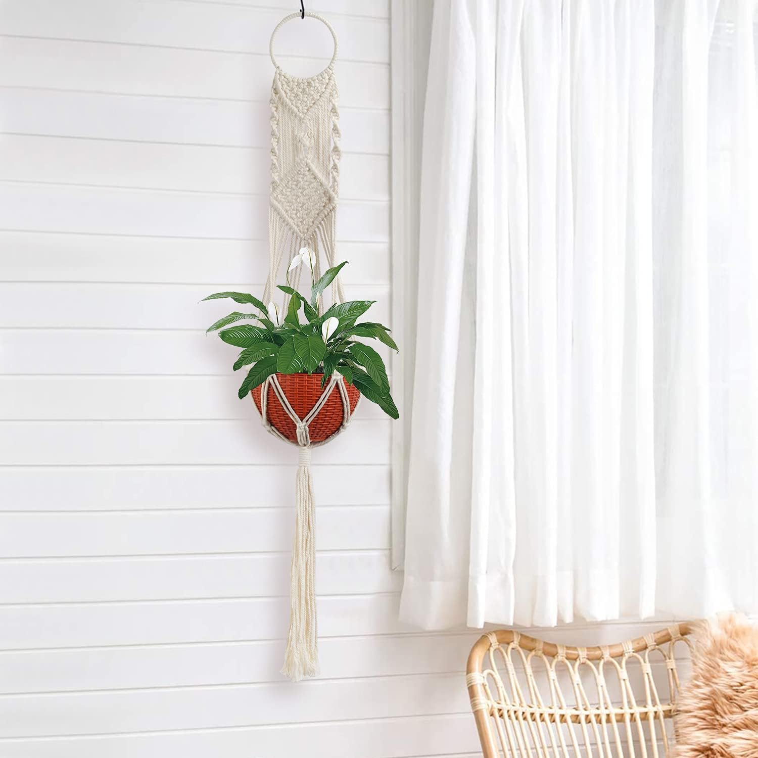 (4-tlg. Set) Makramee Pflanzenaufhänger Dekoration Hygge Lifestyle Hängeregal Geknüpftes Boho Accessoire - Beige