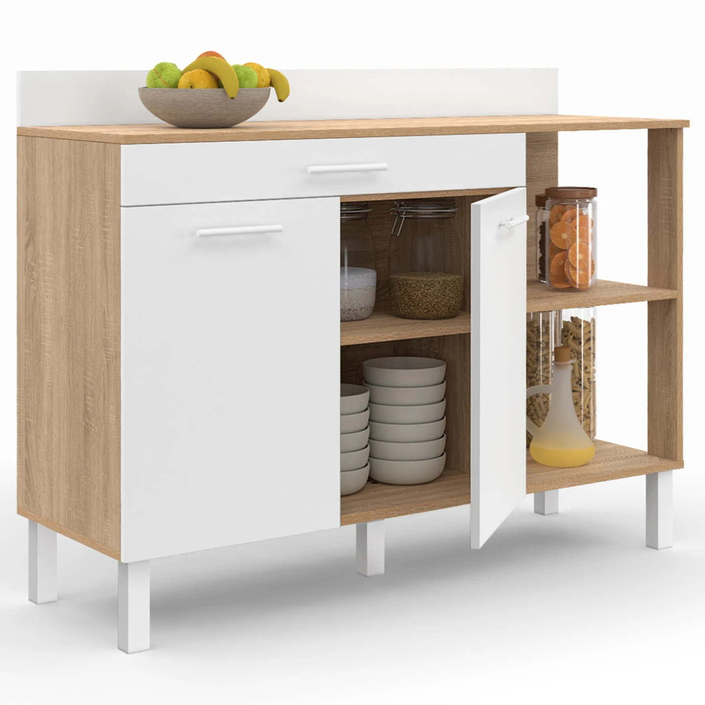 Buffet bas de cuisine 120 cm CINA plan de travail H.83 cm 2 portes + tiroir façon hêtre et blanc