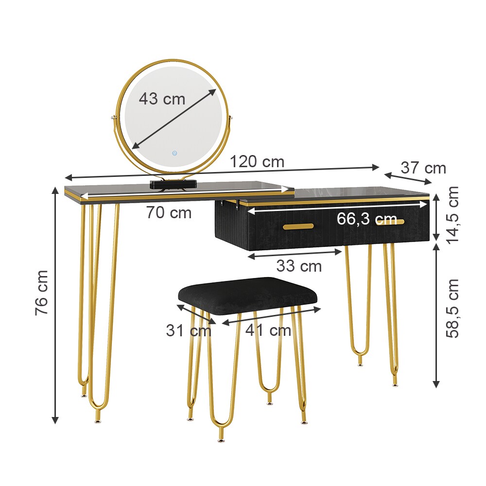 Vicco Schminktisch Zoey 120x37cm, Schwarz, Frisiertisch mit LED-Spiegel & Hocker