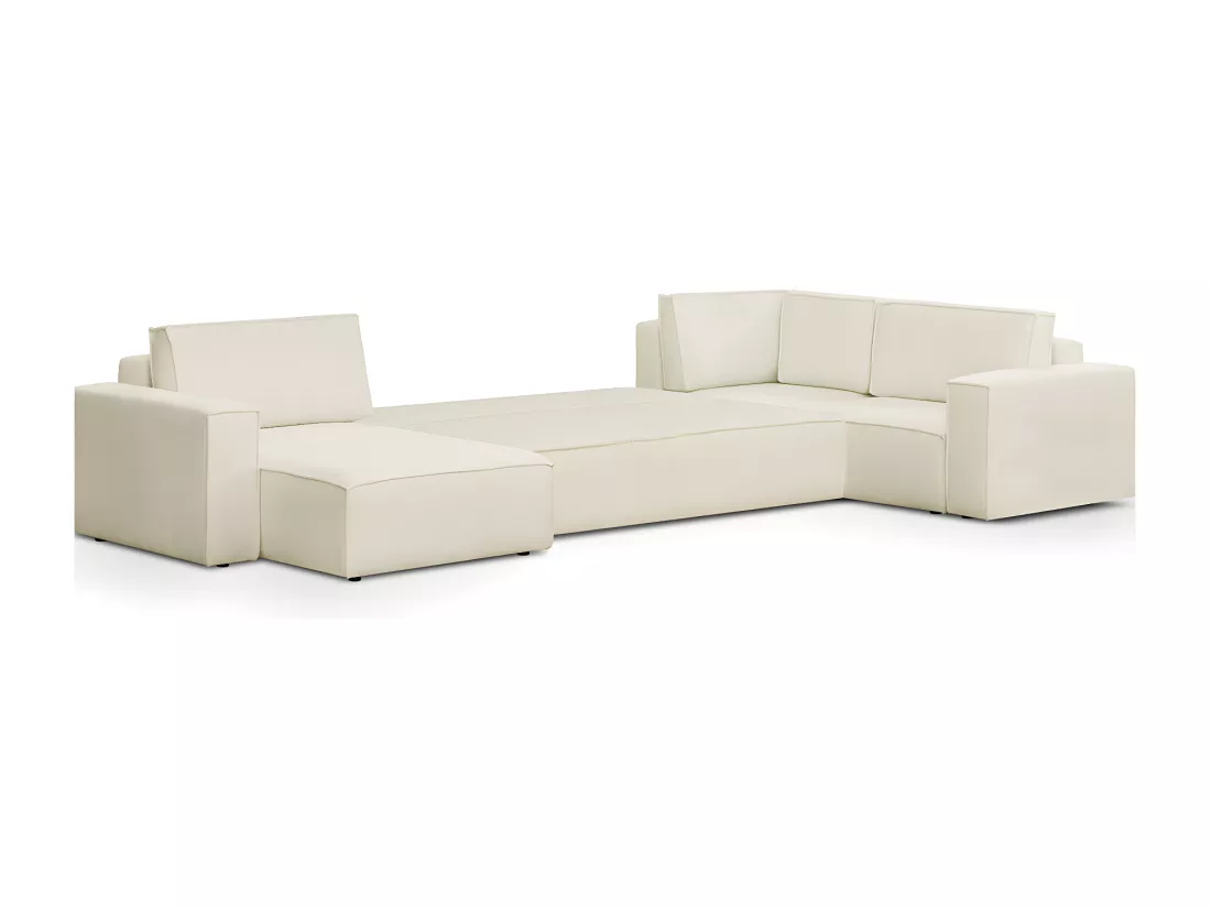 Canapé d'angle à droite panoramique convertible modulable 8 places en tissu bouclé écru - Harper Mod