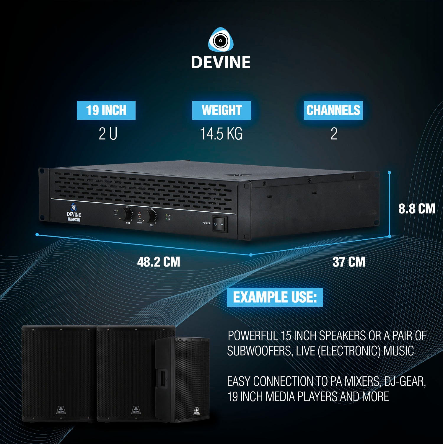 Devine MX-1200 2-kanaals PA-eindversterker 2x 600W @ 8 Ohm