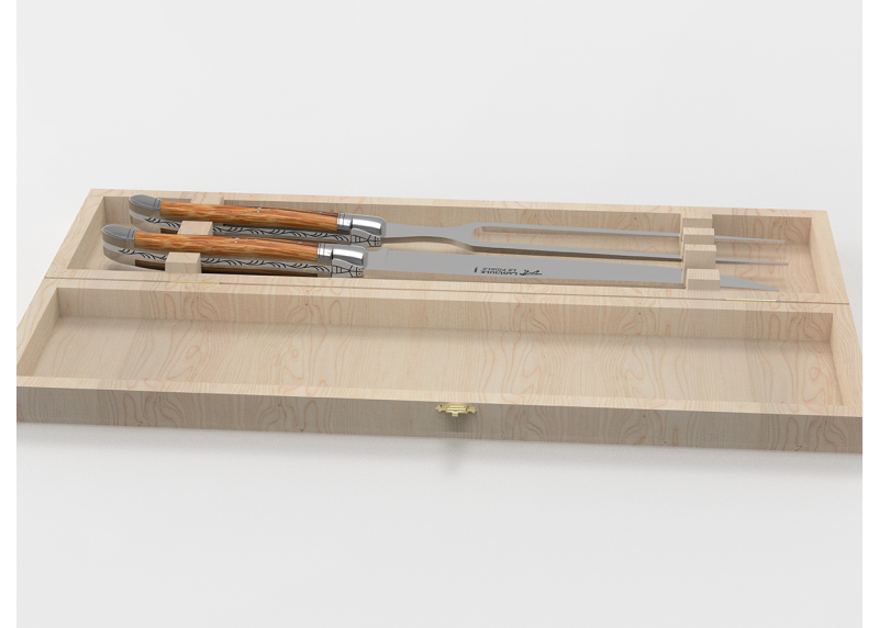 Service à viande Laguiole avec un manche en bois de serpent et mitres en acier inoxydable