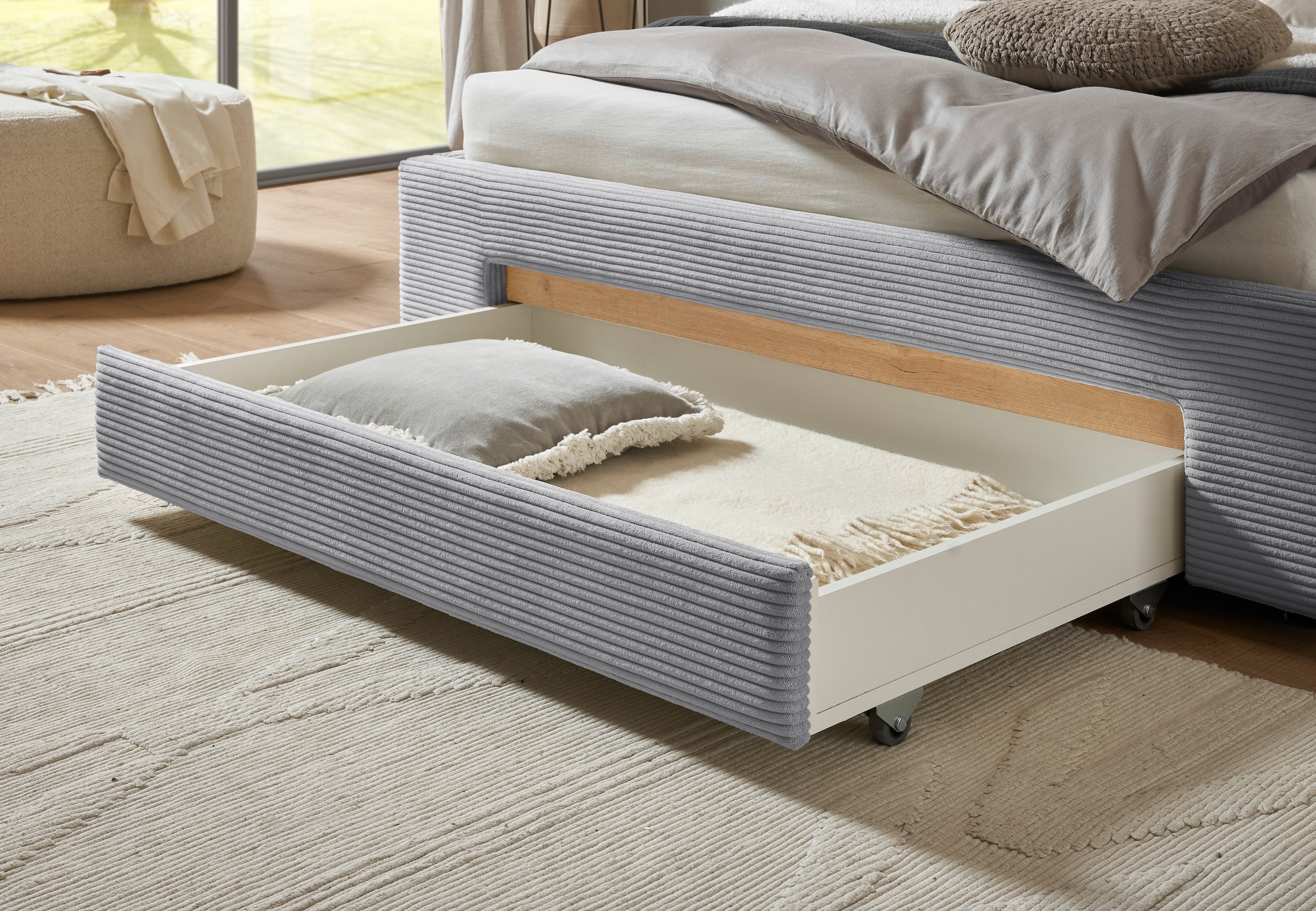 INOSIGN Polsterbett »CiTY/GiRON, Bettgestell mit Bettkasten, gepolstertes Stauraumbett« mit Hundebett oder Stauraumschublade, Bezug Cord-oder Leinenoptik