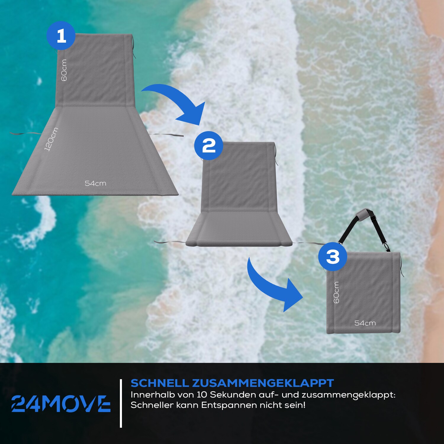 24MOVE® Strandmatte 1er Set klappbar mit Rückenlehne, Strandliege mit Gurt, tragbar für Strand und Garten, Liegematte grau