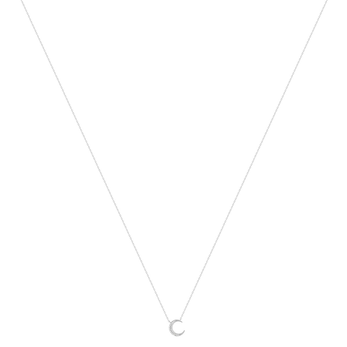 Collier or 375 blanc diamants, motif lune 45 cm