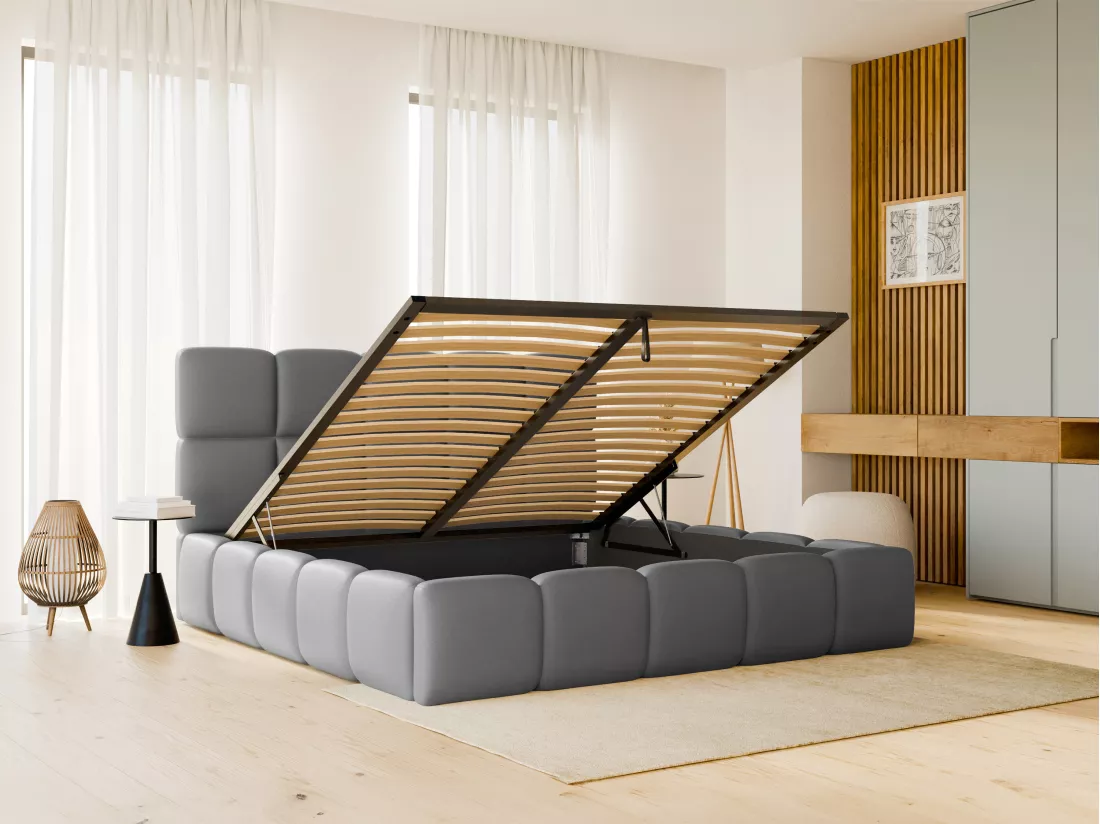 Lit coffre 140 x 190 cm - Tissu effet cuir - Gris - DAMADO de Pascal Morabito