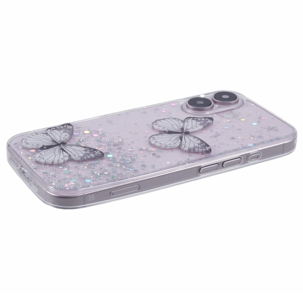 iPhone 16 Hybrid Hardcase Schutzhülle im Glitzer Design Schmetterling - Silber / Transparent