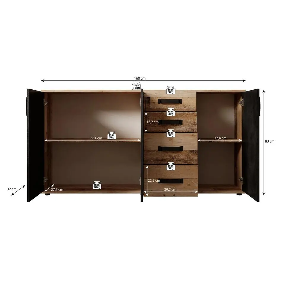 Meubella - Dressoir Montreal - Grijs - Old wood - 160 cm