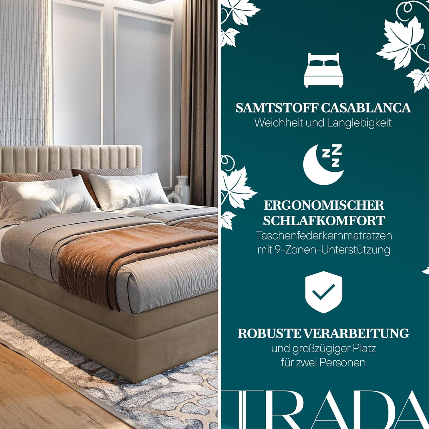 TRADA Boxspringbett ADÈLE 160 x 200 cm – elektrische Bett mit Matratze + Tooper und Bettkasten - Stoffbezug Veloursstoff - Beige - 160 x 200 cm