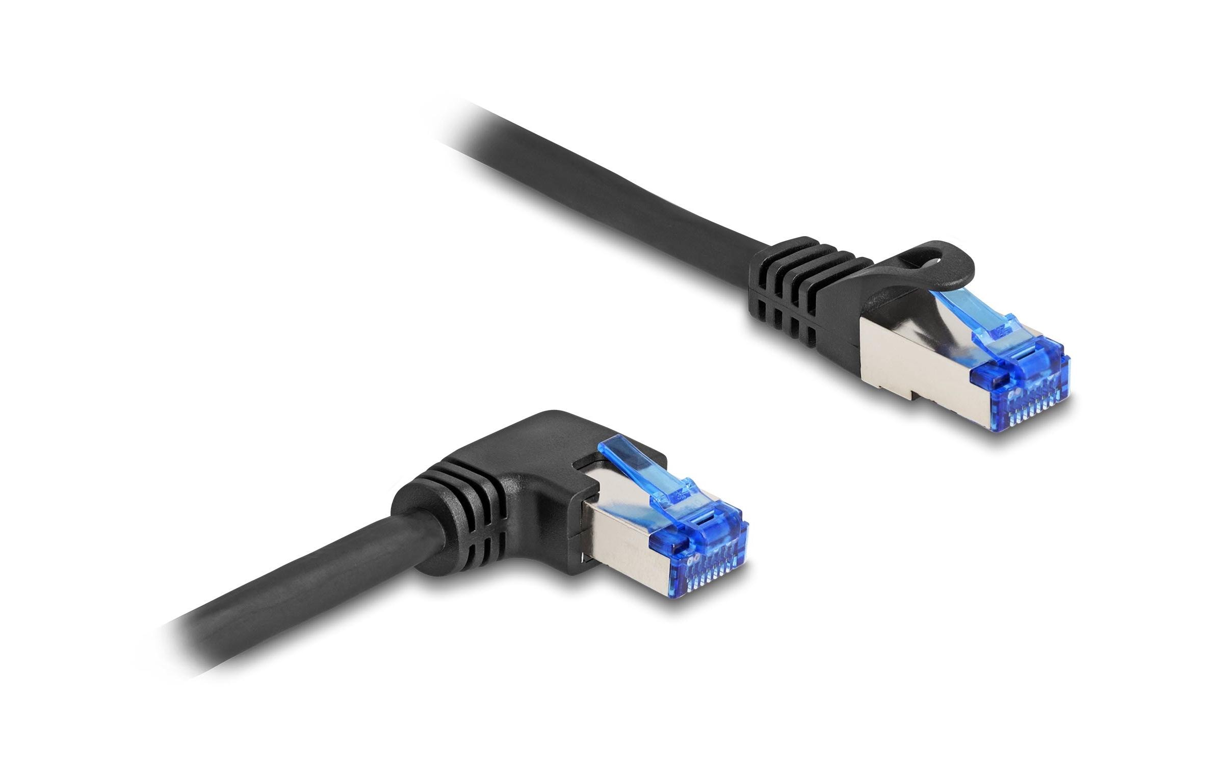 Patchkabel rechts gewinkelt Cat 6A, S/FTP, 2 m, SchwarzDelock RJ45 Netzwerkkabel Cat.6A S/FTP gerade / rechts gewinkelt 2 m schwarz