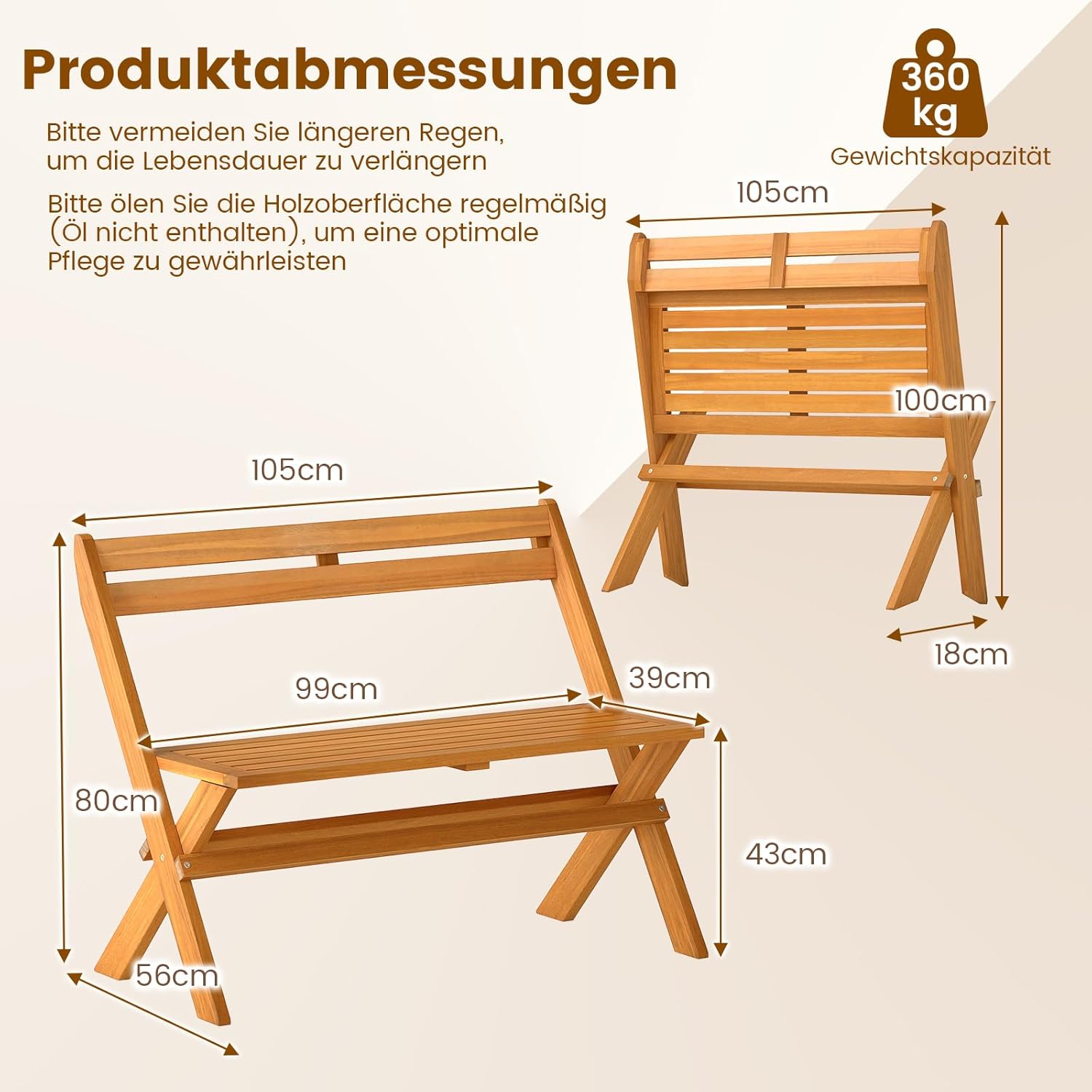 COSTWAY Gartenbank Holz, Holzbank wetterfest, klappbare Sitzbank aus Akazienholz, 2-Sitzer Balkonbank, Terrassenbank bis 360 kg belastbar, Parkbank für Garten, Balkon, Terrasse