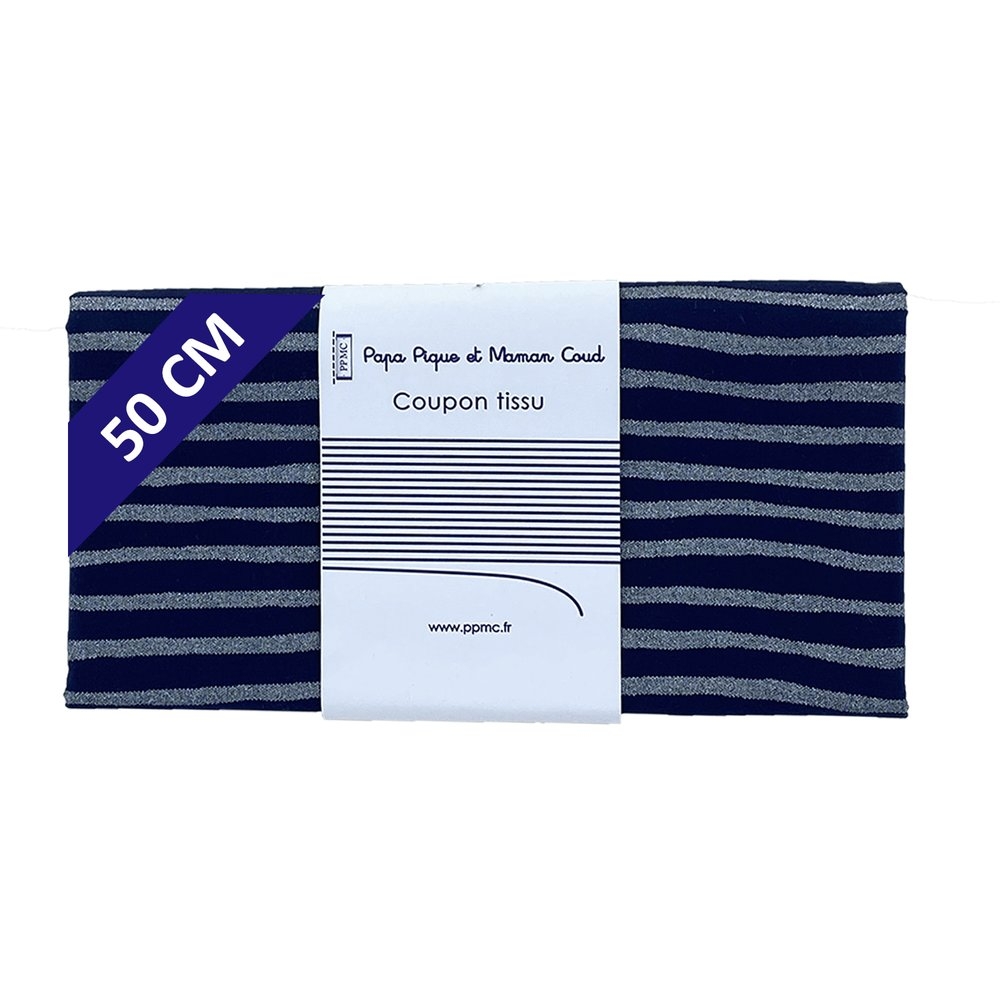 Coupon Tissu 50 Cm Rayé Argent Marine