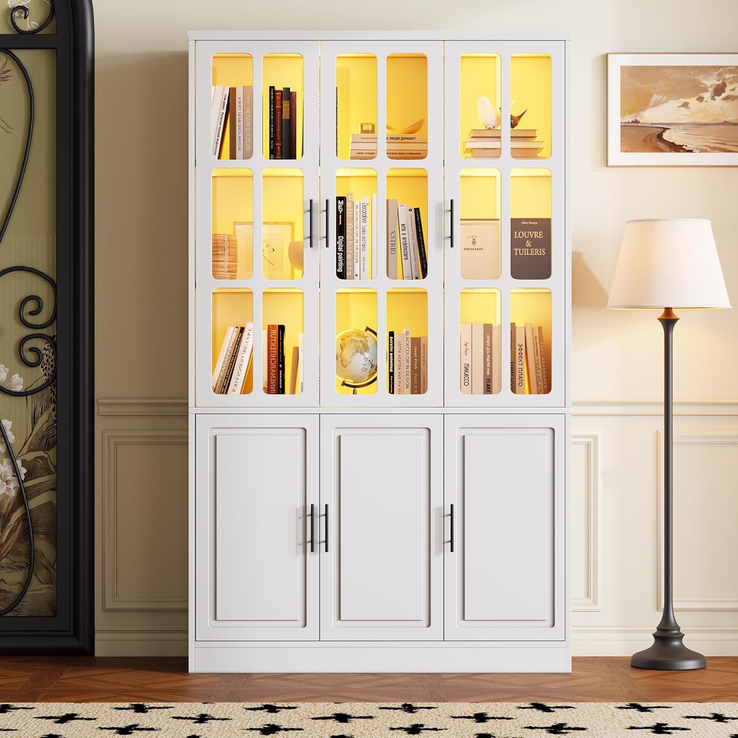 Wiuzo Vitrine, Standvitrine mit 6 Schranktüren,121.5x41x200cm, Glasvitrine mit LED, Wohnzimmerschrank 121.5 cm breit, Multifunktionsschrank mit Verstellbare Trennwand, Großer Schrank, Weiß