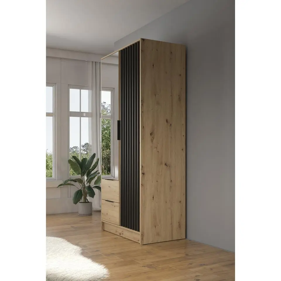 Meubella - Kledingkast Nairobi - Eiken - Zwart - 105 cm - Met spiegel