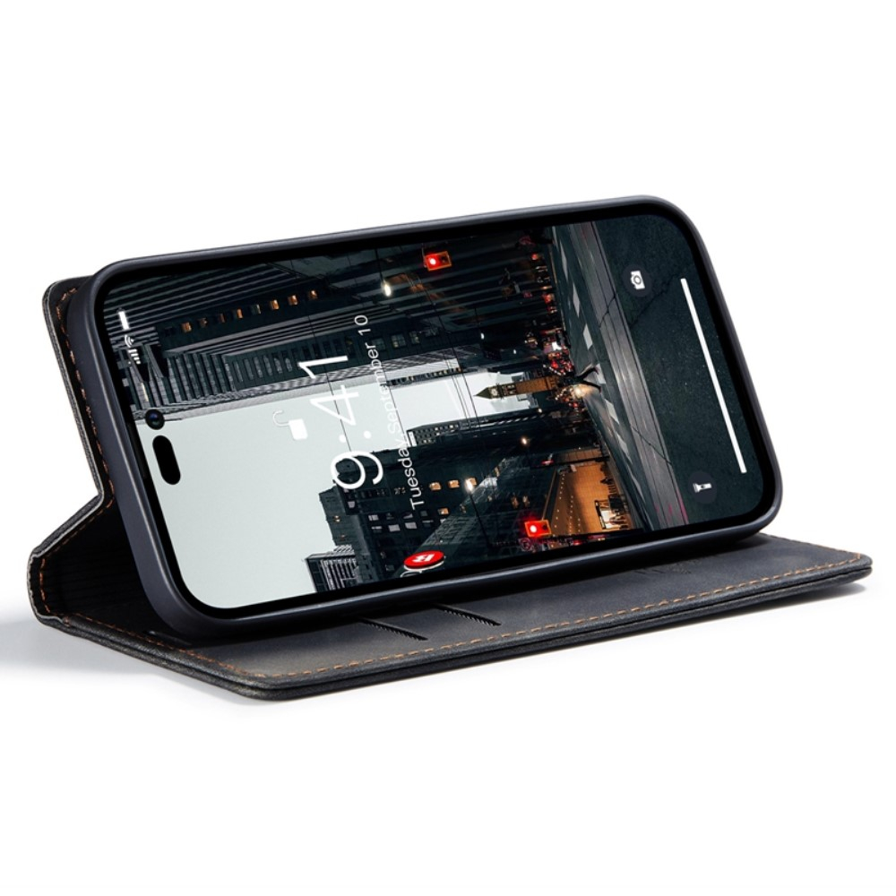 iPhone 14 Pro Max Leder Tasche Flip Wallet Etui mit Kartenfächern - Schwarz