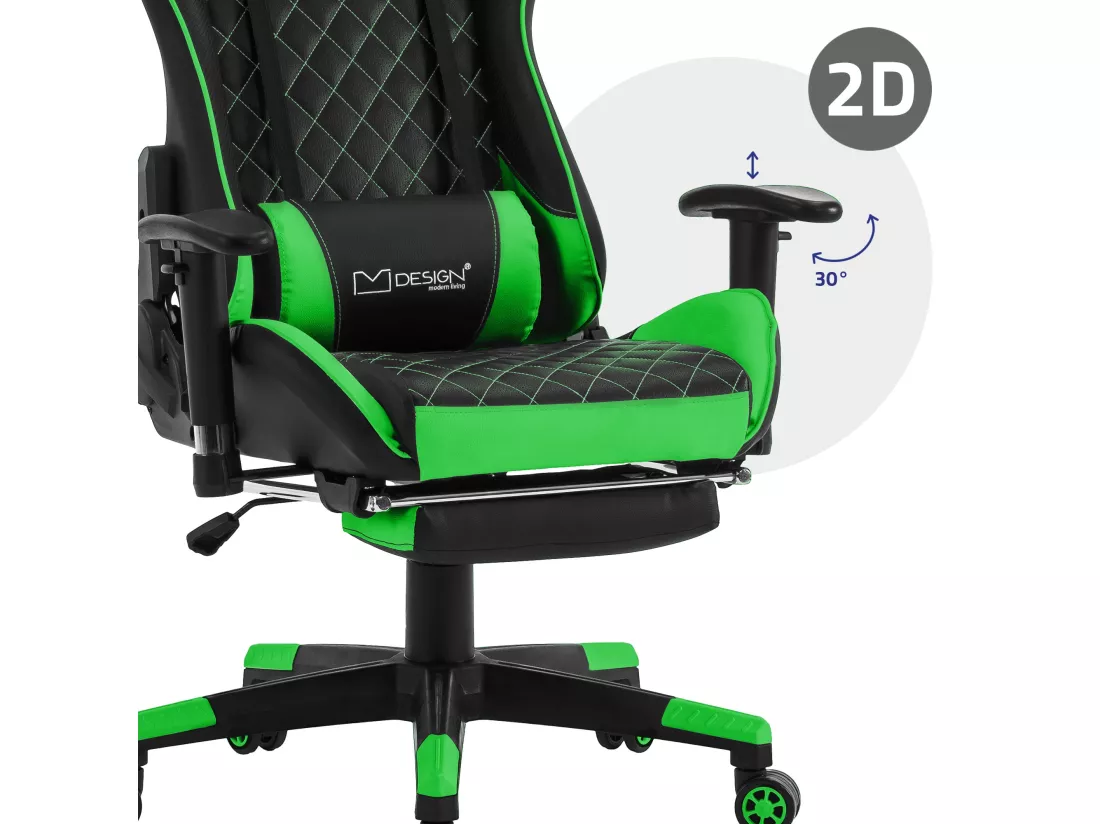 Chaise de jeu avec repose-pieds extensible 2D Accoudoirs Noir/Vert en similicuir ML-Design