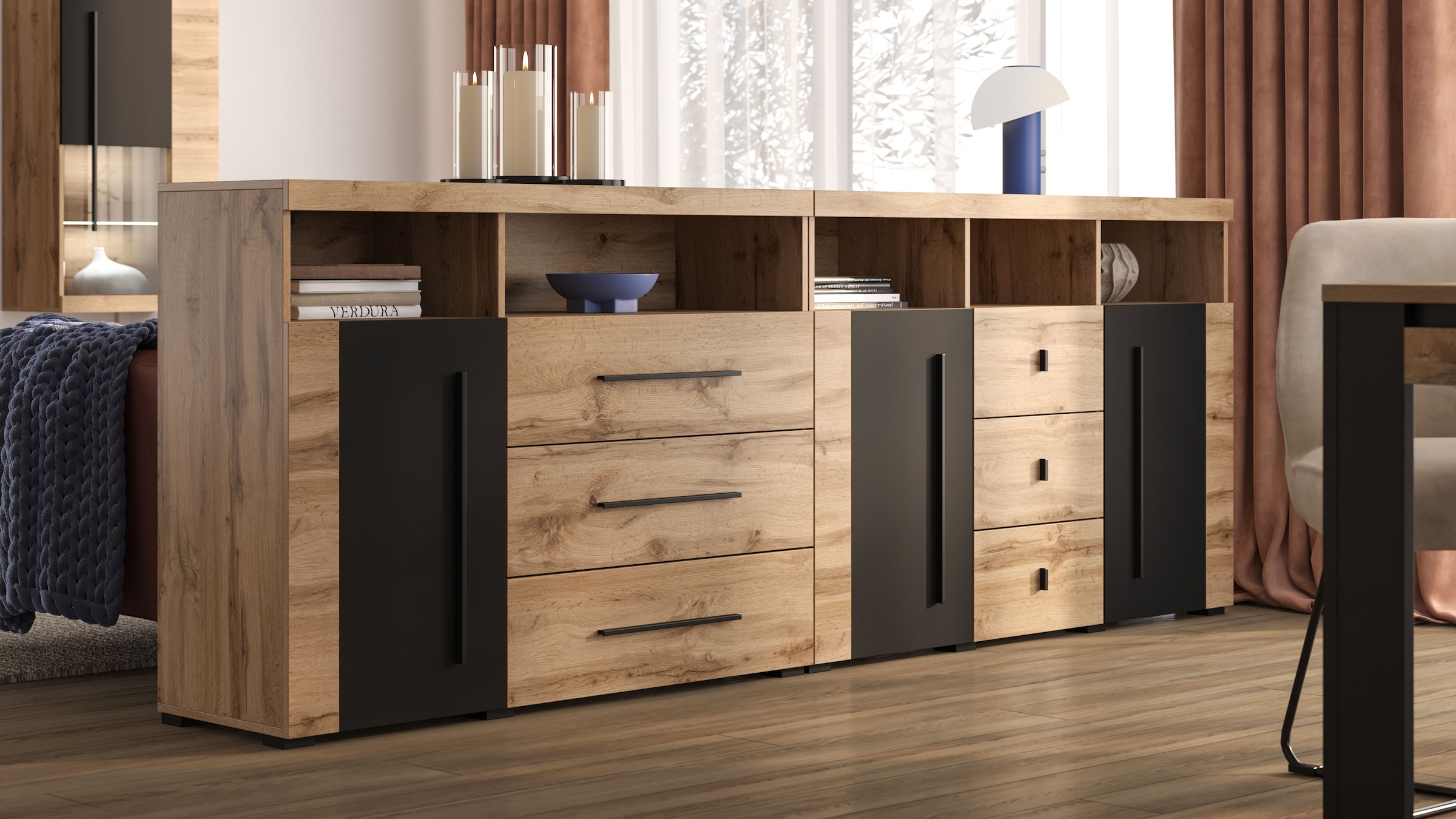 INOSIGN Sideboard »Roger,Breite 132cm, stilvolle Schrank, 2 Holztüren 3 Schubladen« Kommode mit viel Stauraum, Einlegeböden verstellbar