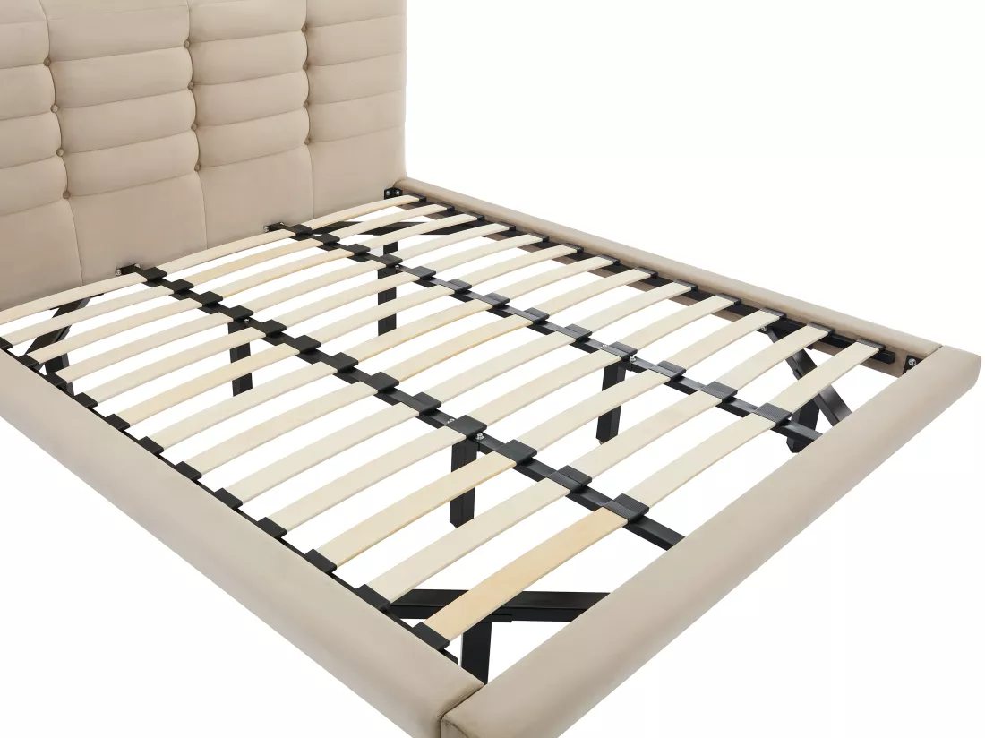 Lit 160 x 200 cm avec tête de lit capitonnée - Velours - Beige - NISATIO