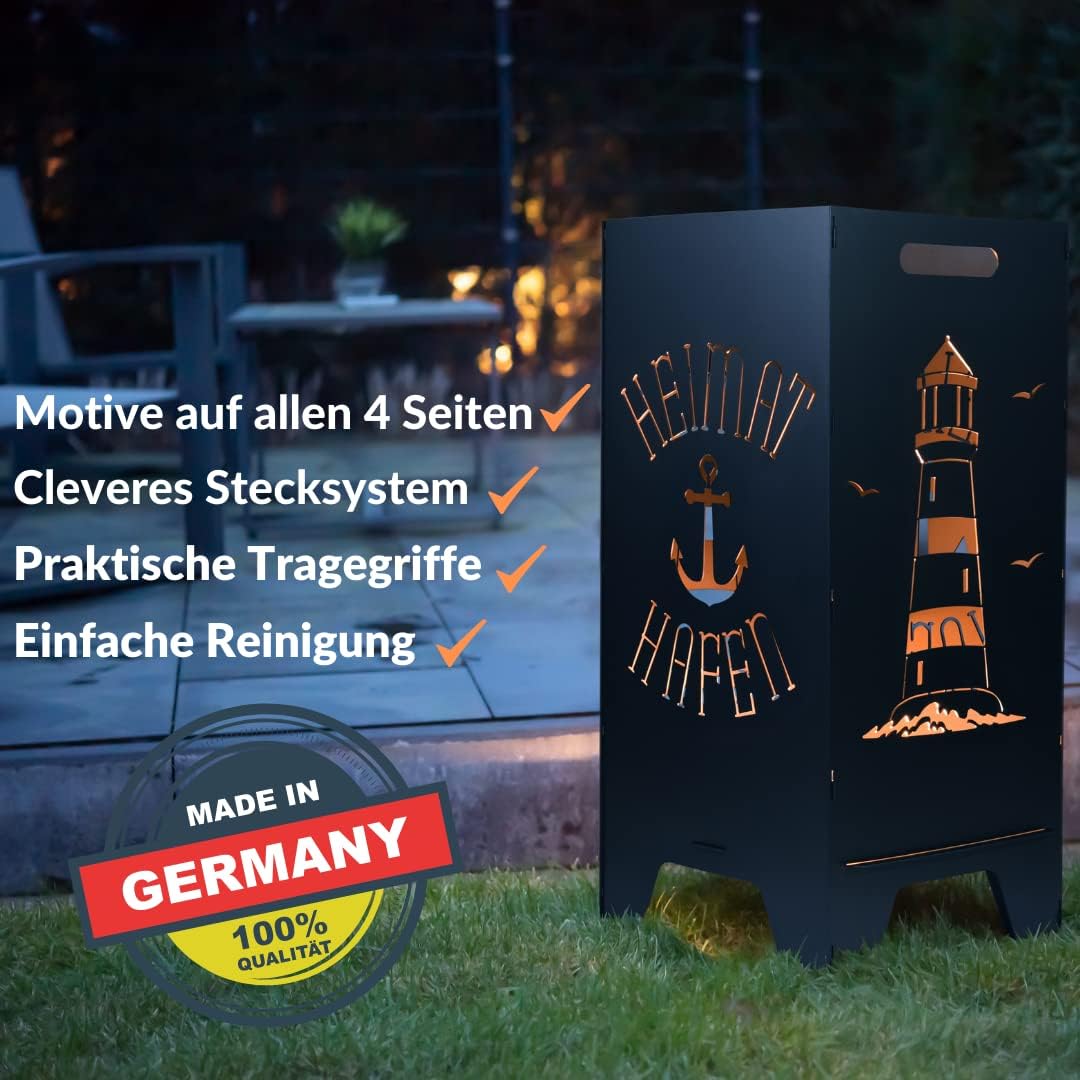 Feuertonne Mit Maritim Motiv | Stabiles Stecksystem Mit Tragegriffen | Robust & Aus Hochwertigem Stahl | Für Eine Knisternde Gemütlichkeit In Deinem Garten (78cm Heimathafen)