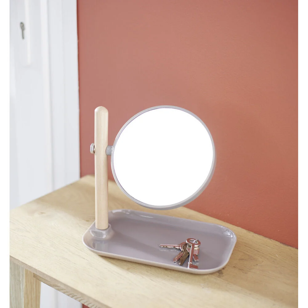 Miroir à poser rond double face avec plateau de rangement 22x14xH23cm