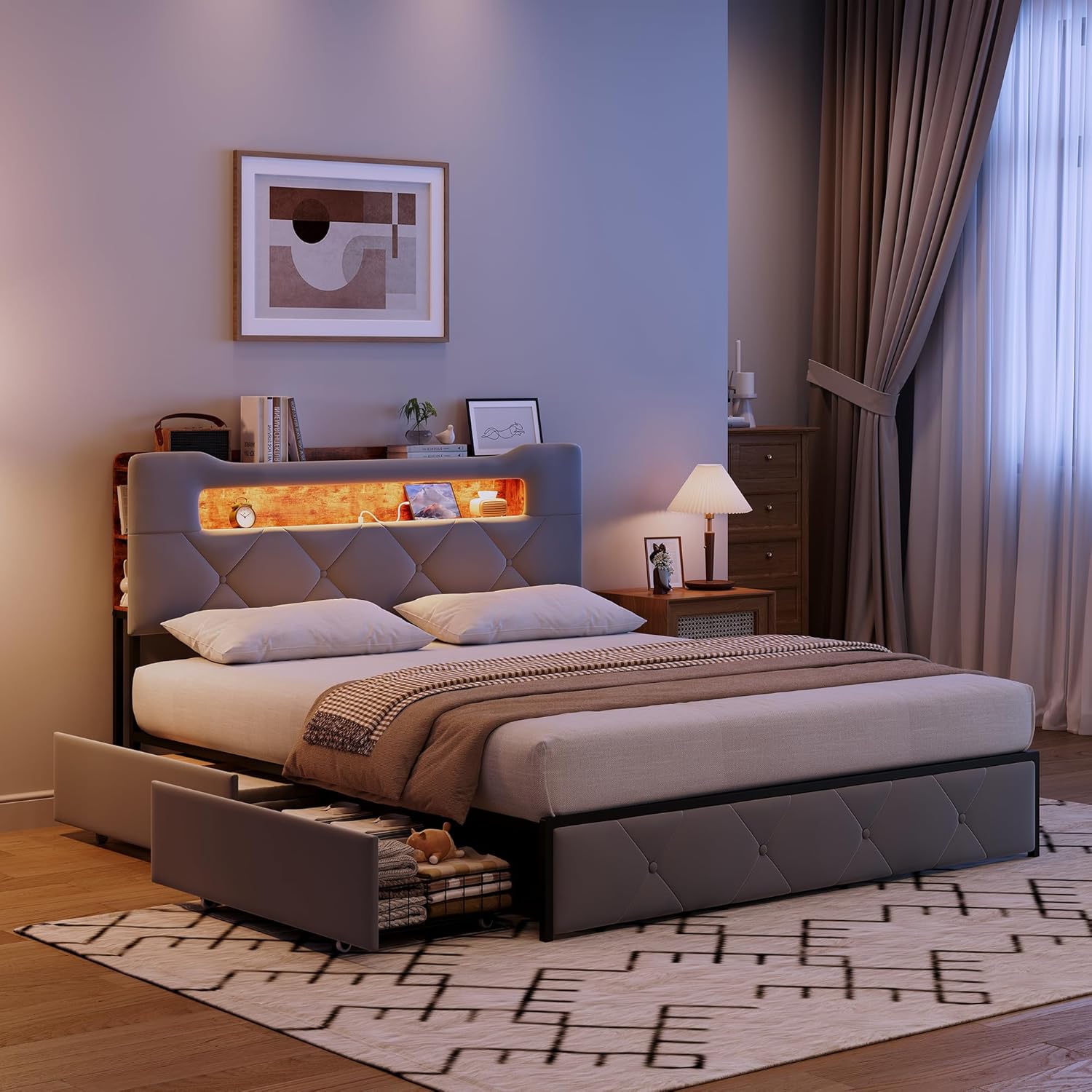 Bettkasten, 140 x 200 cm, Aufbewahrung mit 4 Schubladen, für Doppelbett, Erwachsene, Polsterbett mit Lattenrost, Kopfteil mit LED-Beleuchtung & USB (ohne Matratze) (Grau, 140 x 200 cm)