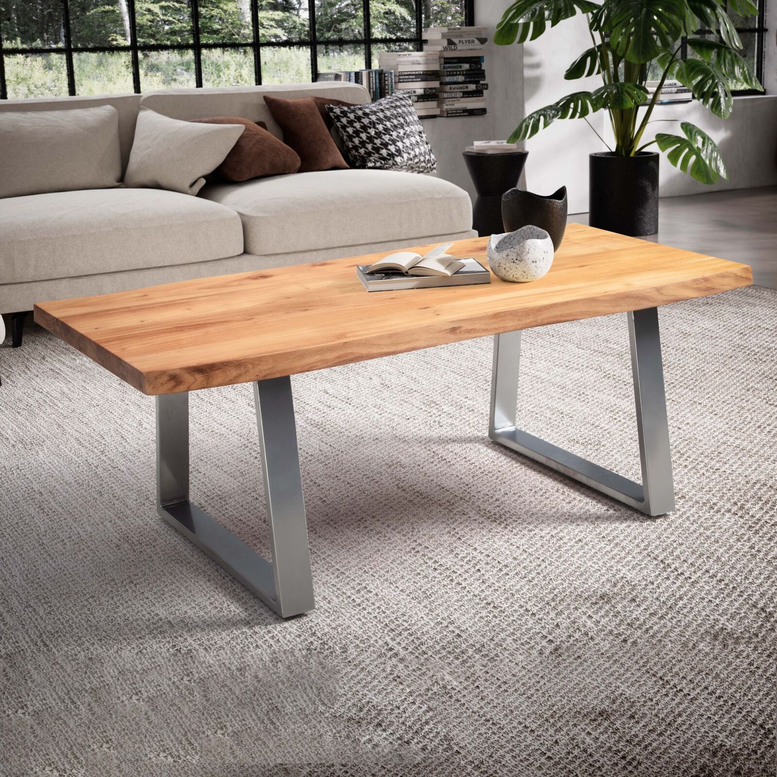Couchtisch - Akazie massiv - Trapezgestell chromfarben - 120x60 cm