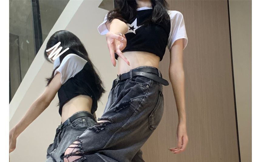 RONIN - Mid Rise Distressed Washed Wide Leg Jeans
