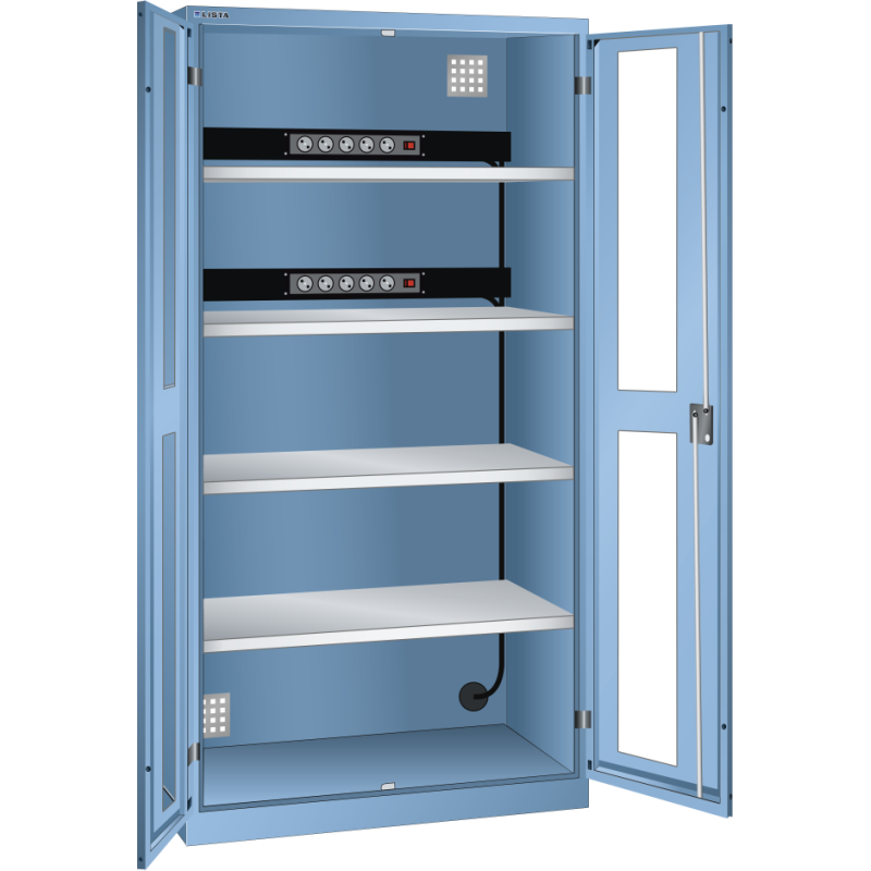LISTA - Armoire charge batterie H 195 x L 100 x P 58 cm - 2 rampes électriques de 5 prises (230V) sur la paroi arrière