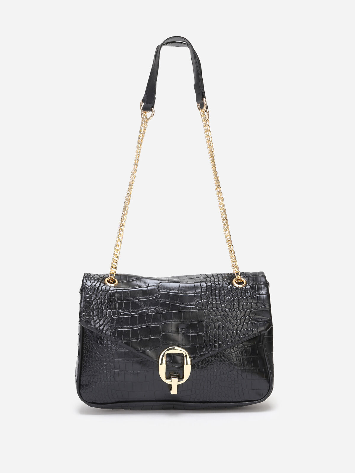 Sac à main effet croco à double anses- Noir