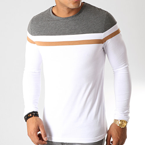 Tee Shirt Manches Longues Tricolore 844 Anthracite Blanc Camel