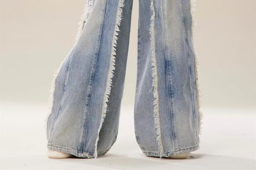 Vhancy - High Waist Washed Fringe Wide Leg Jeans