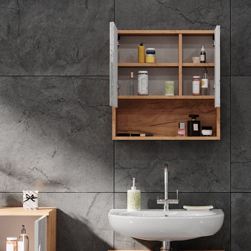 Vicco Spiegelschrank Badspiegel Wandspiegel Irma Eiche Weiß Hochglanz modern 54x55 cm Badezimmer Schrank Badschrank Badezimmermöbel Badmöbel 2 Türen