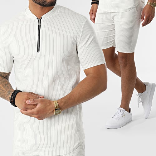 Ensemble Tee Shirt Col Zippé Et Short A Rayures UY847 Blanc