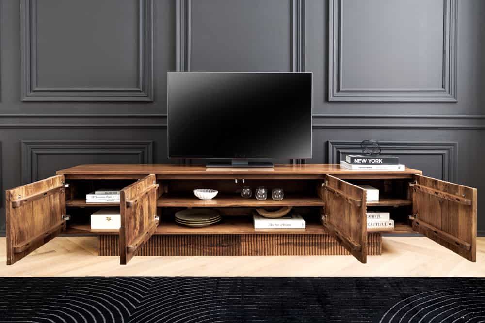 Massives TV-Board ART DECO 200cm braun Mangoholz Lowboard 3D-Front