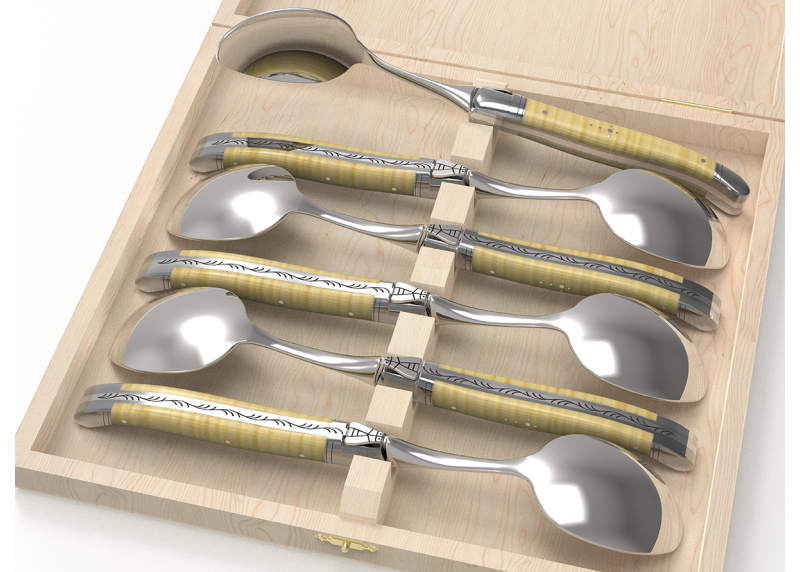 Service de 6 petites cuillères Laguiole avec un manche en érable onde et mitres en acier inoxydable