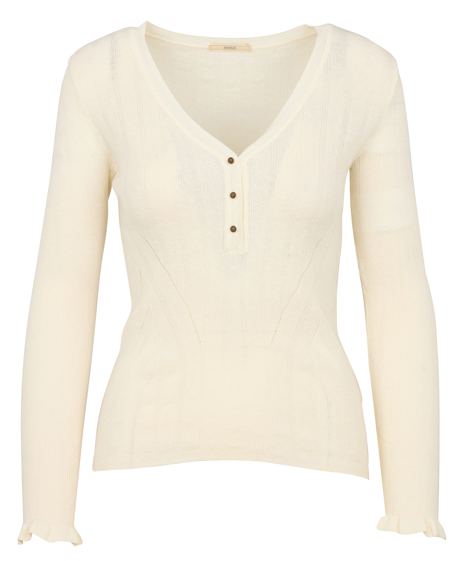 ESTE - Pull fin ajusté col V en coton et cachemire | Beige