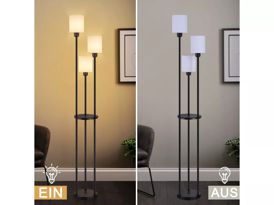 NETTLIFE Lampadaire salon E27 vintage blanc 3 lampes abat-jour tissu interrupteur au pied