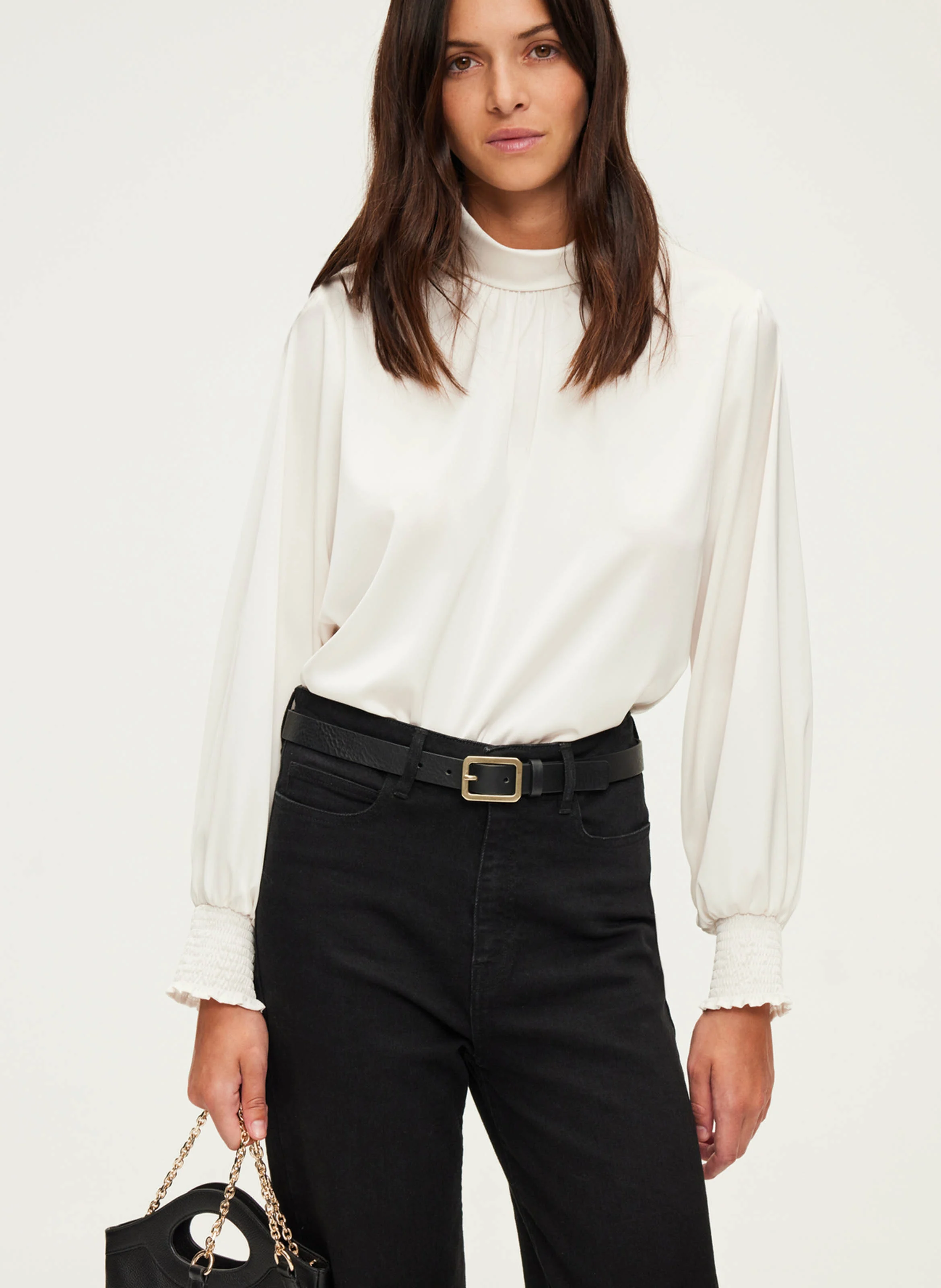 BERYLL - Blouse en satin écru à col montant| Beige