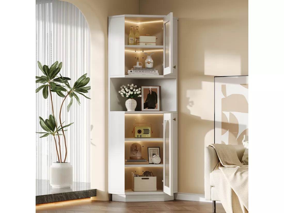 Colonne d'angle de salle de bain - 2 portes et 1 niche de rangement - 45x 45 x 166,5 cm - LEDs - MDF - Blanc