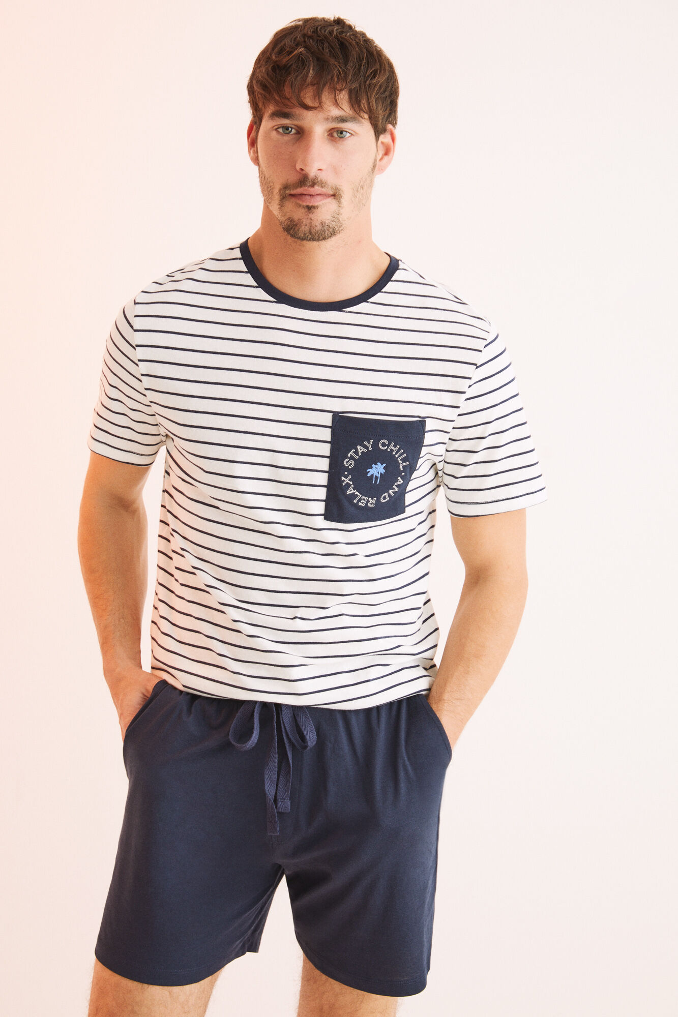 Pijama curto masculino de algodão listrado - azul