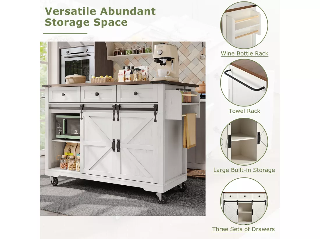 Ilot central de cuisine mobile avec 2 portes coulissantes et 3 tiroirs - plateau extensible - 140 x 45/73 x 92.5 cm - Bois MDF + métal - Blanc + naturel