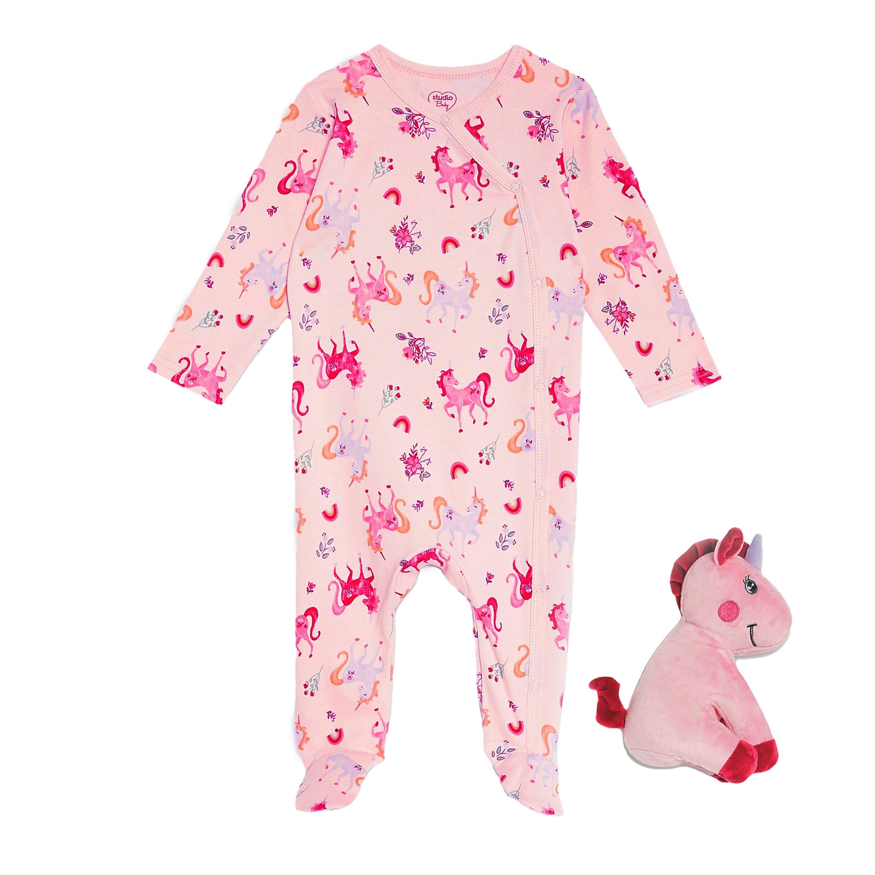 Hello World Baby Girls Unicorn Sleepsuit and Toy Set