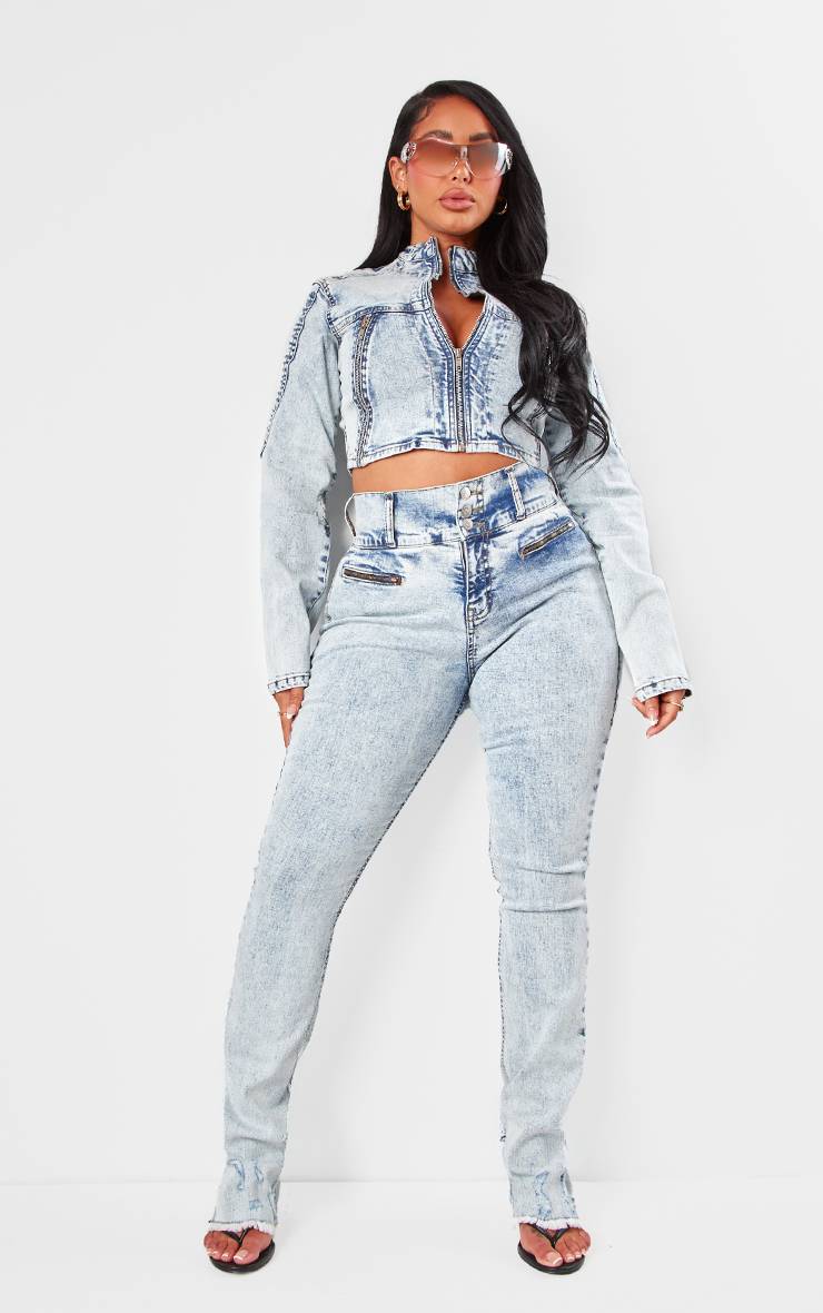Jean Taille Haute En Denim Déchiré À L'ourlet Shape