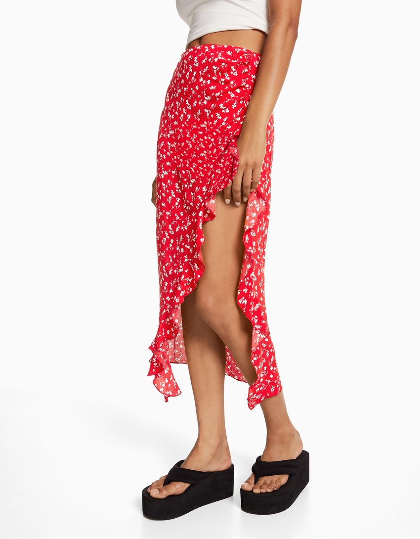 Saia midi com babados e estampa floral